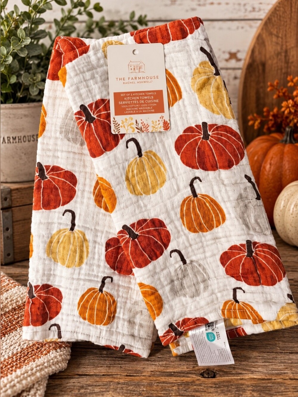 The Farmhouse Pumpkin Kitchen Towels - White with Orange & Yellow